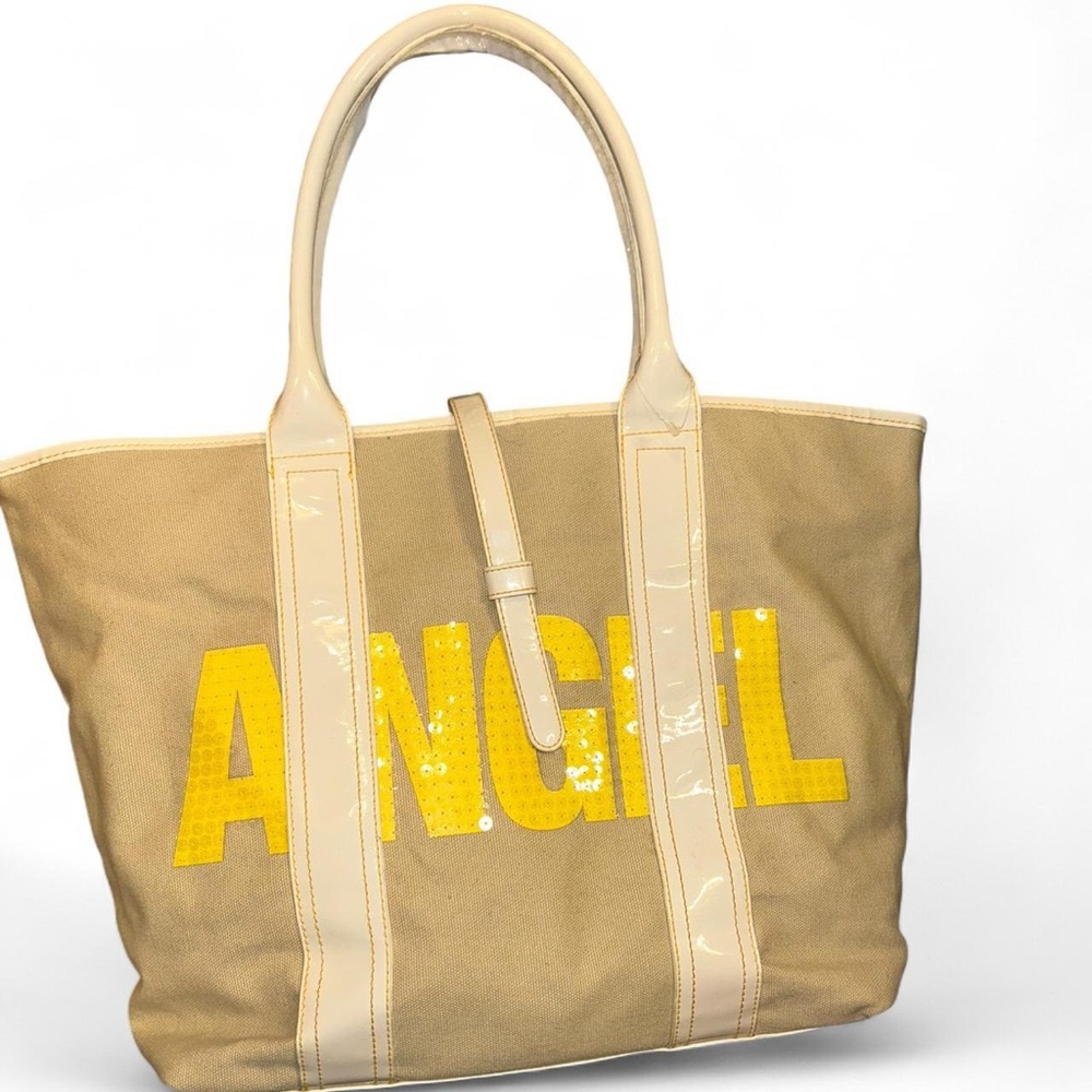 Victoria’s Secret Angel Canvas Tote Bag Y2K Beige Yellow Sequin Beach Shopper